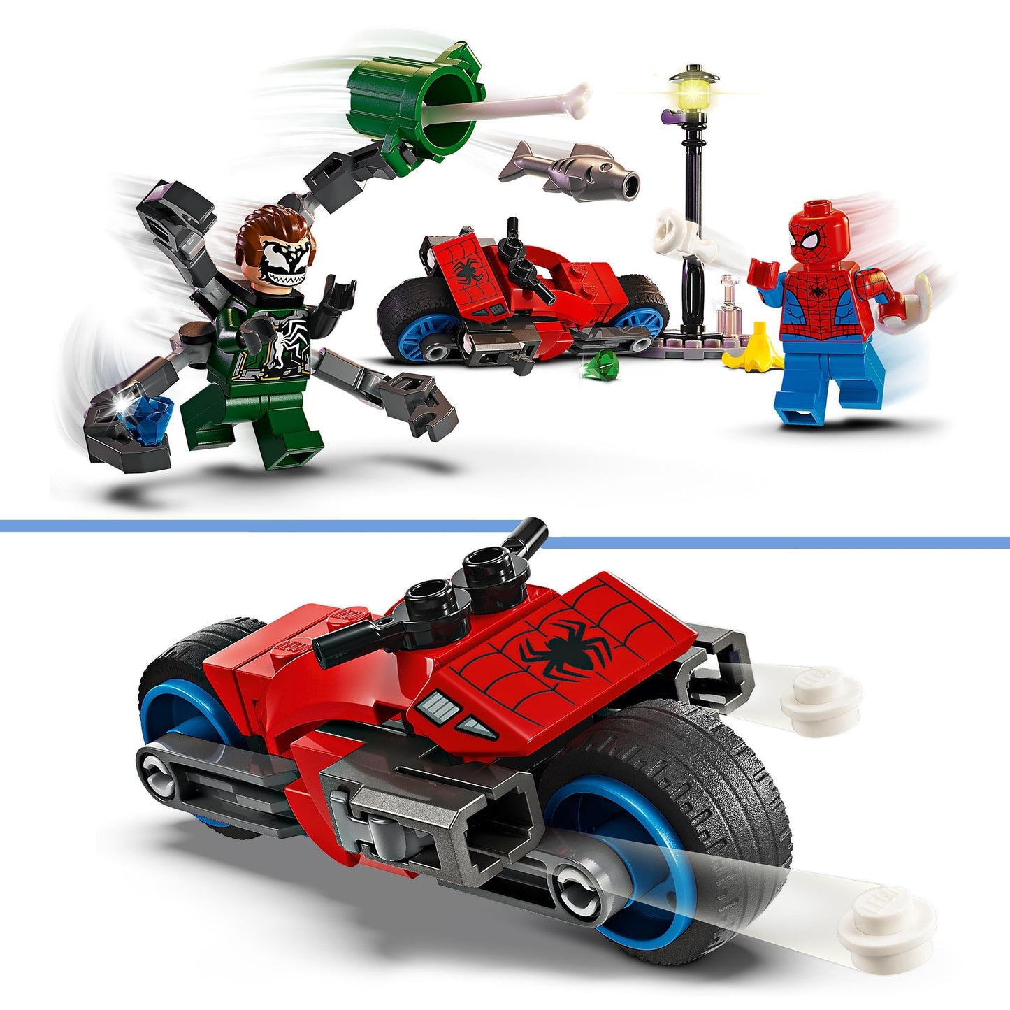 LEGO Marvel Motorcycle Chase: Spider-Man vs. Doc Ock, Motorbike Building Toy for Kids, Boys and Girls aged 6 Plus with Stud Blasters, Web Shooters & 2 Minifugres Incl. Spidey, Super Hero Gifts 76275