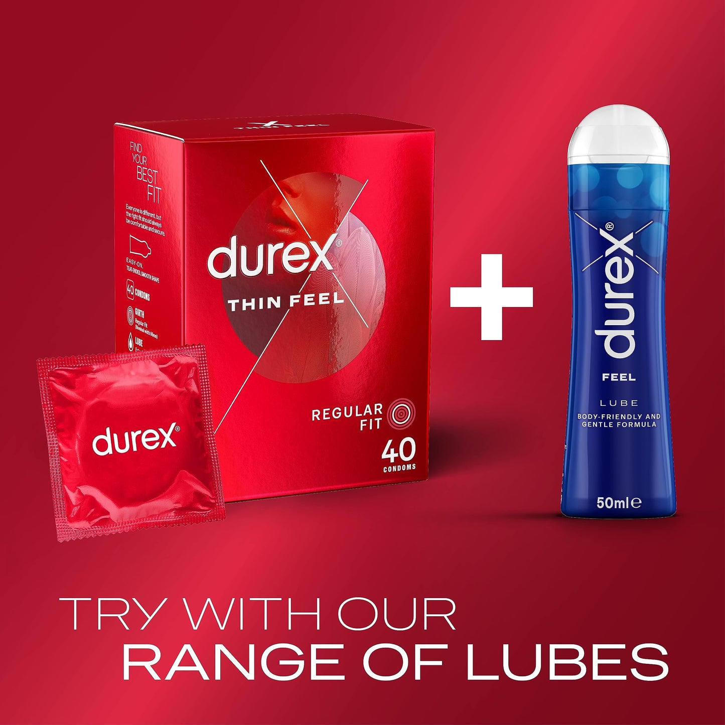 Durex Thin Feel Condoms, Regular Fit, 40s, Secure, Tighter, Natural Latex, with Silicone Lube, Easy On Shape