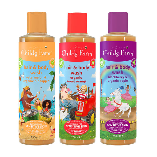 Childs Farm, Kids Hair and Body Wash Multipack Bundle, 3 x 250ml, Watermelon and Pineapple, Sweet Orange and Blackberry and Organic Apple, Suitable for Dry, Itchy and Eczema-prone Skin