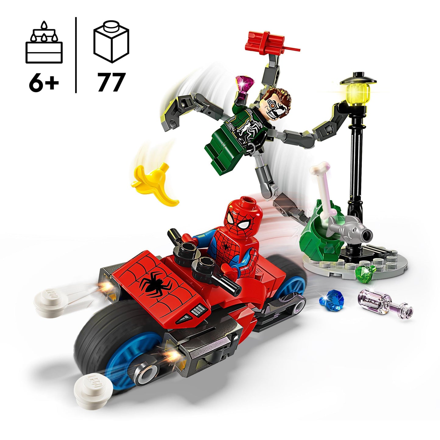 LEGO Marvel Motorcycle Chase: Spider-Man vs. Doc Ock, Motorbike Building Toy for Kids, Boys and Girls aged 6 Plus with Stud Blasters, Web Shooters & 2 Minifugres Incl. Spidey, Super Hero Gifts 76275