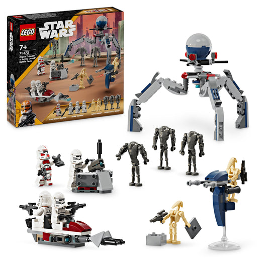 LEGO Star Wars Clone Trooper & Battle Droid Battle Pack Building Toys for Kids with Speeder Bike Vehicle, 4 Minifigures and 5 Figures, Gifts for Boys and Girls Aged 7 Plus Years Old 75372