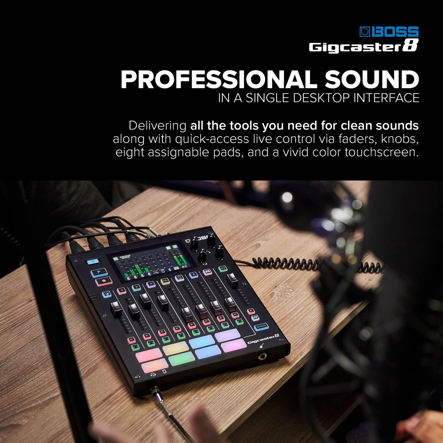 BOSS Gigcaster 8 | 8-Channel Audio Streaming Mixer with Direct Guitar/Bass Input | 4 XLR/TRS Combo Inputs | Built-In Stereo Mic | 8 SFX Pads | 20x14 USB Audio Interface | Onboard Recording | Bluetooth