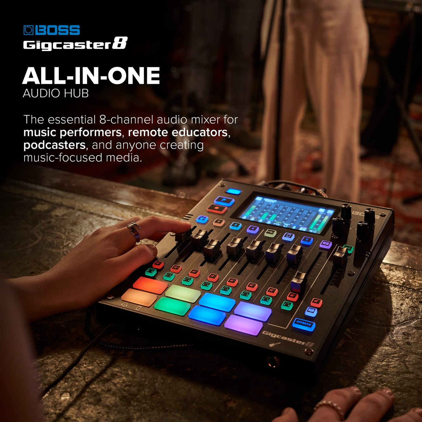 BOSS Gigcaster 8 | 8-Channel Audio Streaming Mixer with Direct Guitar/Bass Input | 4 XLR/TRS Combo Inputs | Built-In Stereo Mic | 8 SFX Pads | 20x14 USB Audio Interface | Onboard Recording | Bluetooth