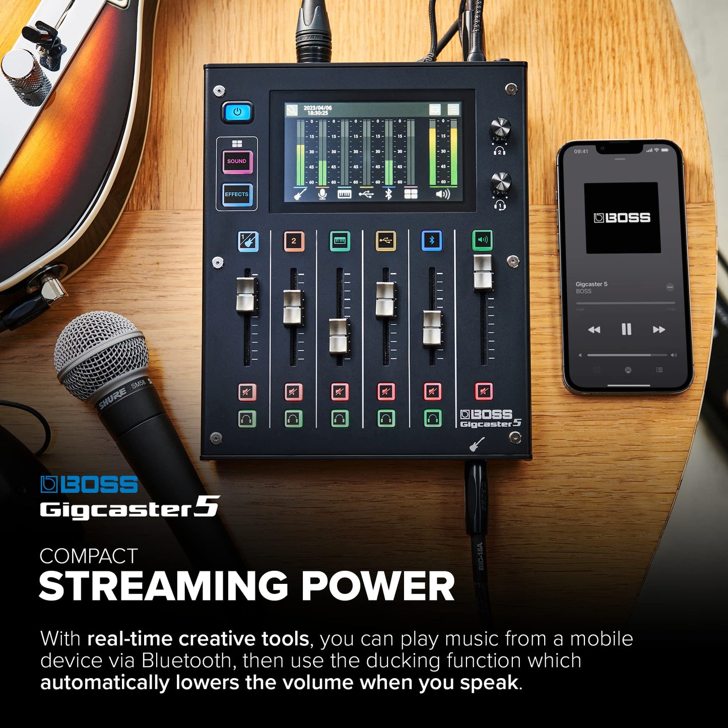 BOSS Gigcaster 5 Compact 5-Channel Audio Streaming Mixer with Direct Guitar/Bass Input | 2 XLR Mic Inputs | Stereo Line Input | 8 Touchscreen SFX Pads | 16x12 USB Audio Interface | Bluetooth