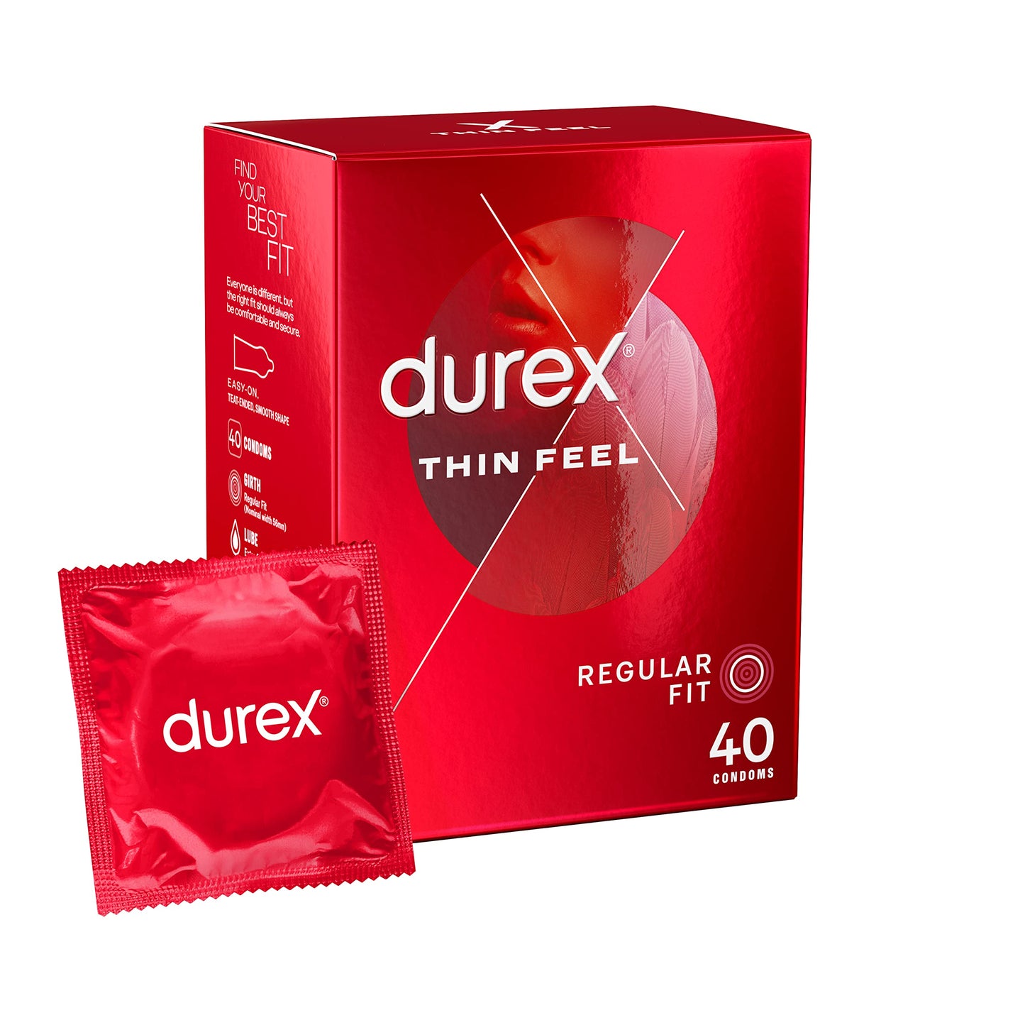 Durex Thin Feel Condoms, Regular Fit, 40s, Secure, Tighter, Natural Latex, with Silicone Lube, Easy On Shape