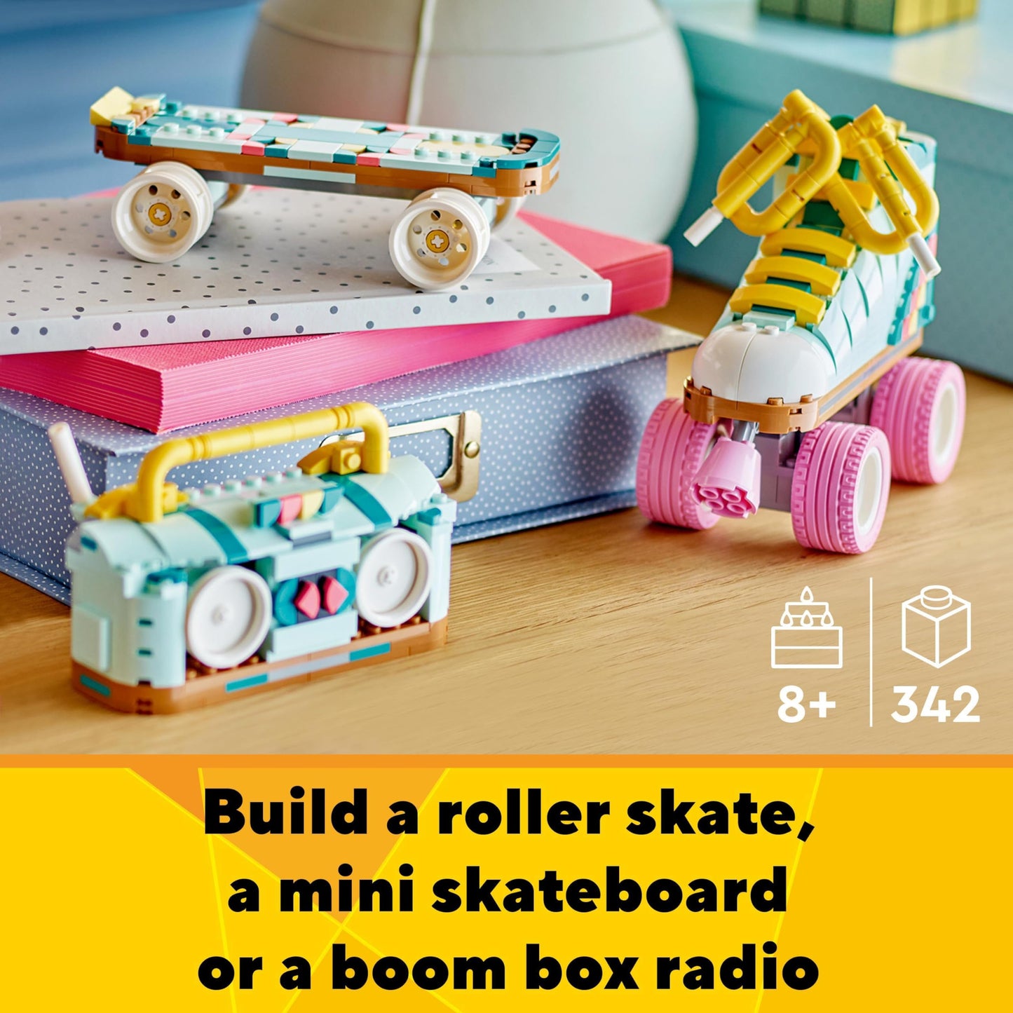 LEGO Creator 3in1 Retro Roller Skate to Mini Skateboard Toy to Boom Box Radio, Set for 8 Plus Year Old Girls, Boys & Kids, Great Desk Decoration or Bedroom Accessories, Gifts for Music Lovers 31148