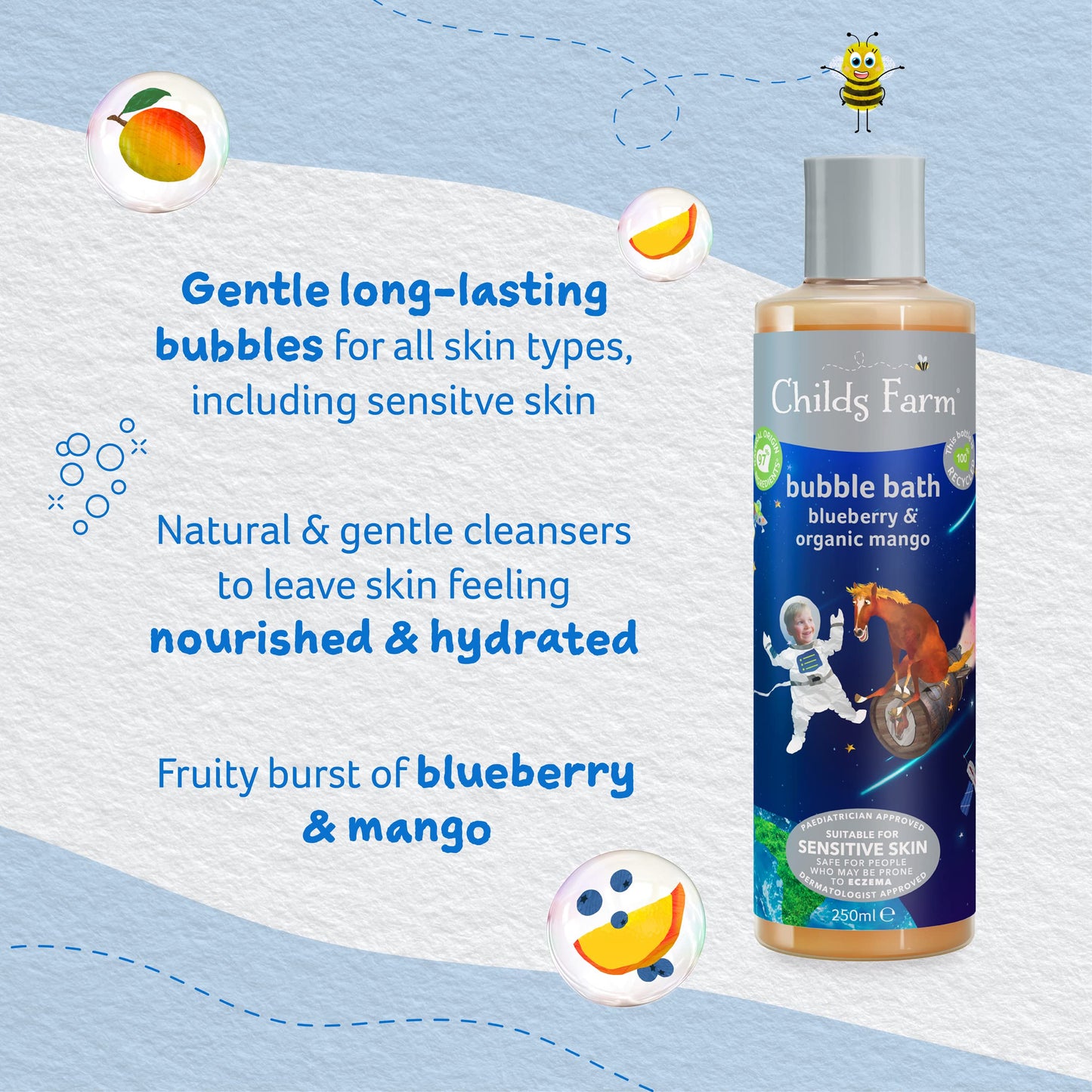 Childs Farm | Kids Bubble Bath 250ml| Blueberry & Organic Mango | Gently Cleanses & Soothes | Suitable for Dry, Sensitive & Eczema-prone Skin