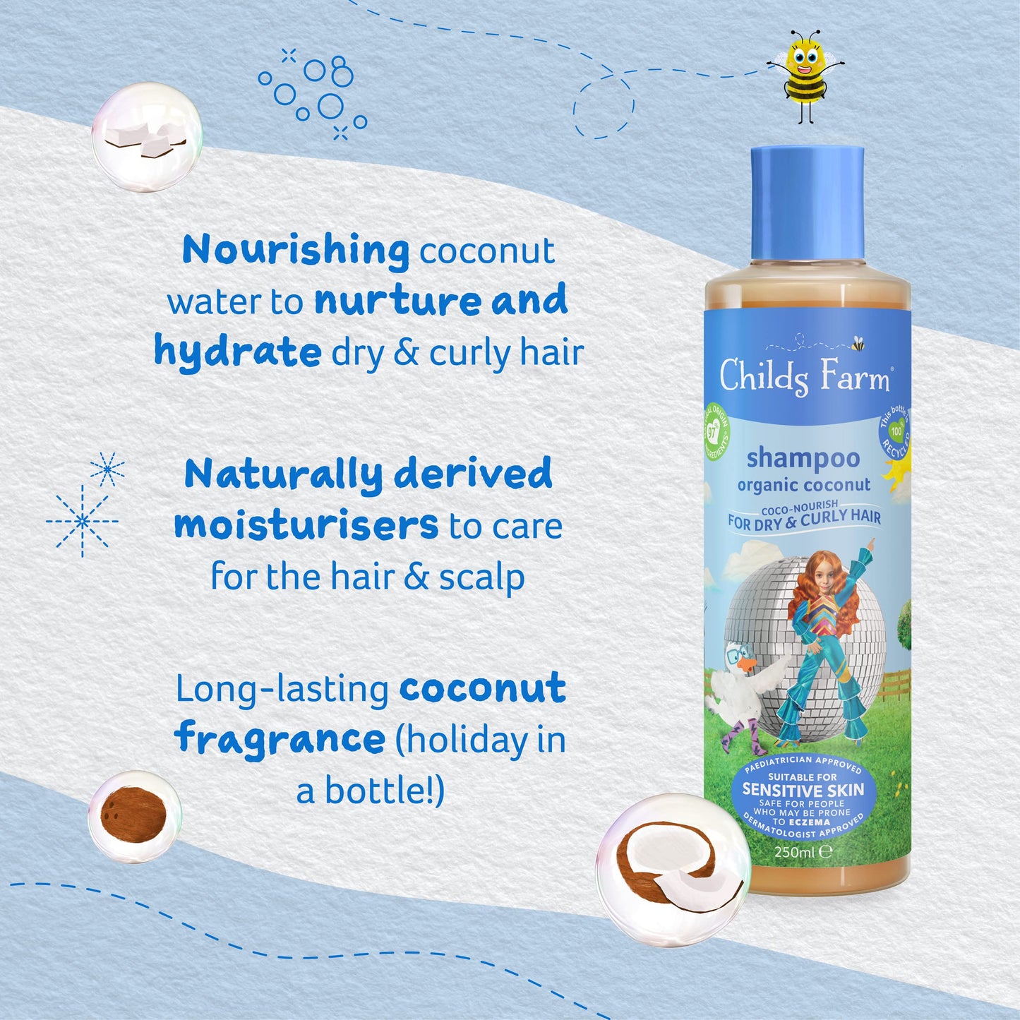 Childs Farm | Kids Coco-Nourish Shampoo 250ml | Organic Coconut | Dry, Curly & Coily Hair | Detangles & Nourishes | Suitable for Dry, Sensitive & Eczema-prone Skin & Scalp