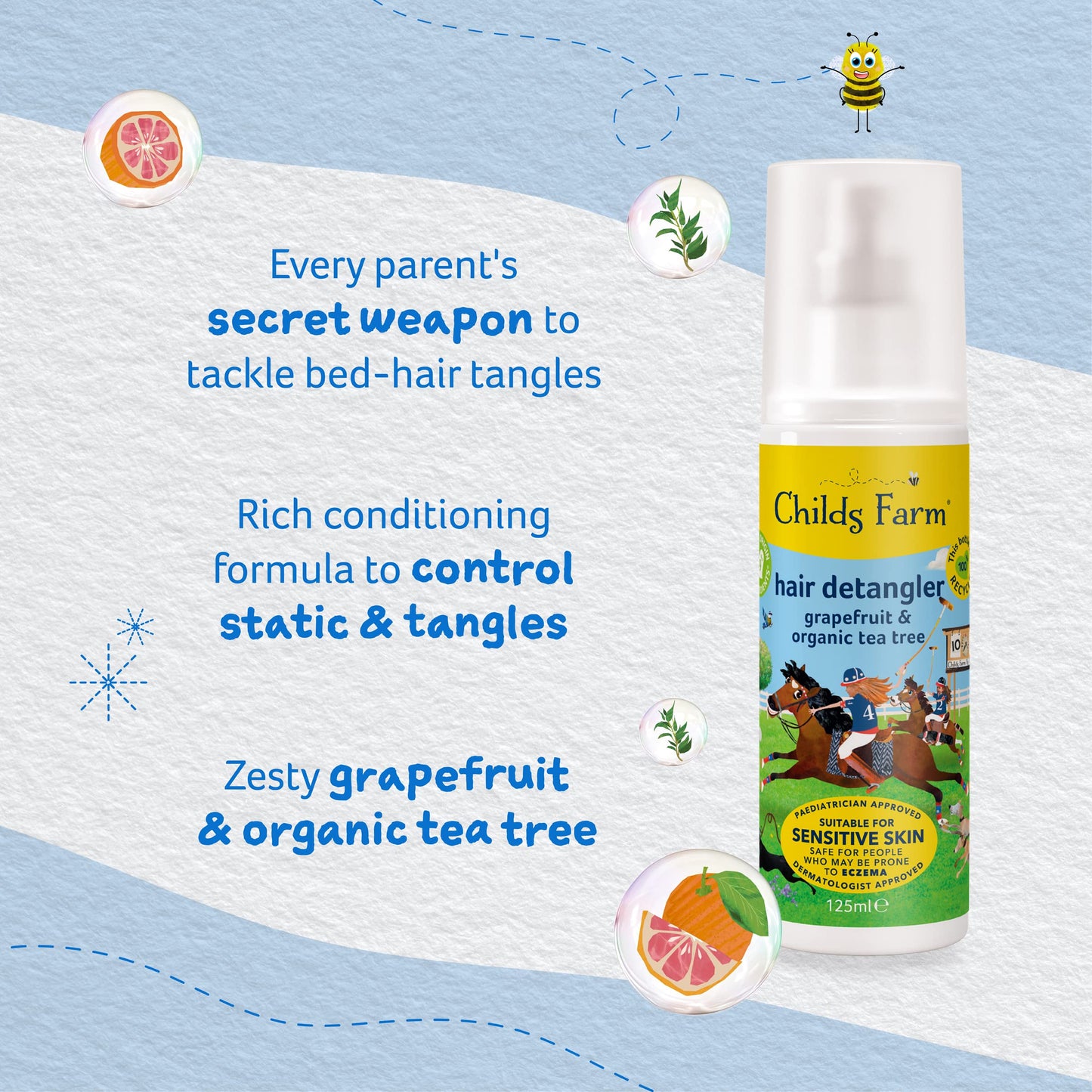 Childs Farm | Kids Hair Detangler 125ml | Grapefruit & Organic Tea Tree | Detangles & Smooths | Suitable for Dry, Sensitive & Eczema-prone Skin